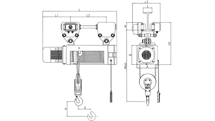 悬挂式钢丝绳电动葫芦结构尺寸图