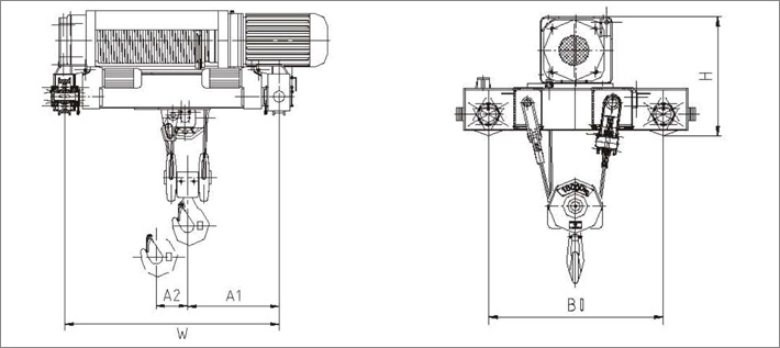 SH型双梁小车式钢丝绳电动葫芦结构尺寸图