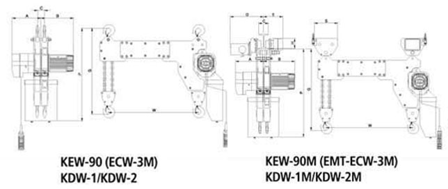 KDW型双钩环链电动葫芦尺寸图